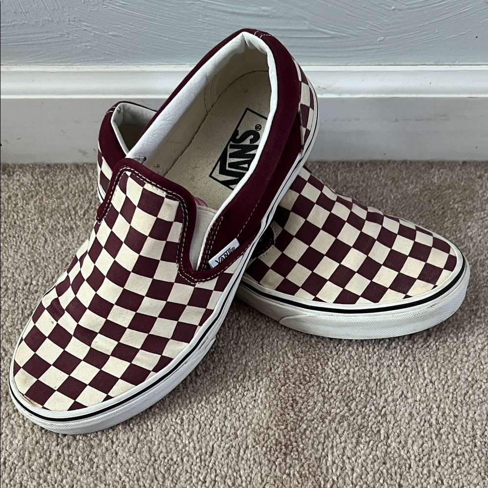 Vans Maroon and Cream Checkerboard Slip-Ons